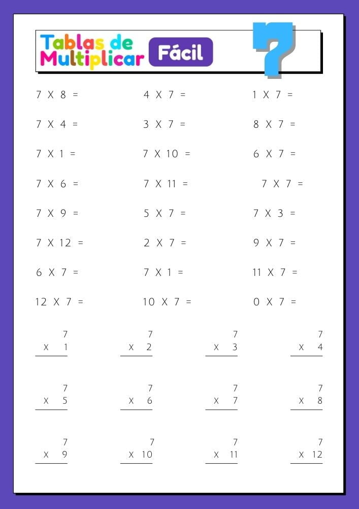 Imágenes con ejercicios para imprimir de la tabla del 7